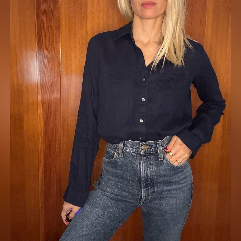 Saks Fifth Avenue Linen Navy Blue Button Down Top